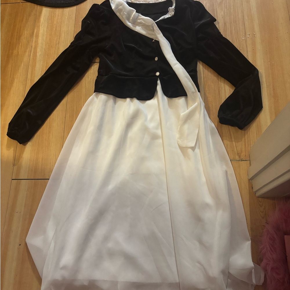 Elegant Black and White Dress with Scarf